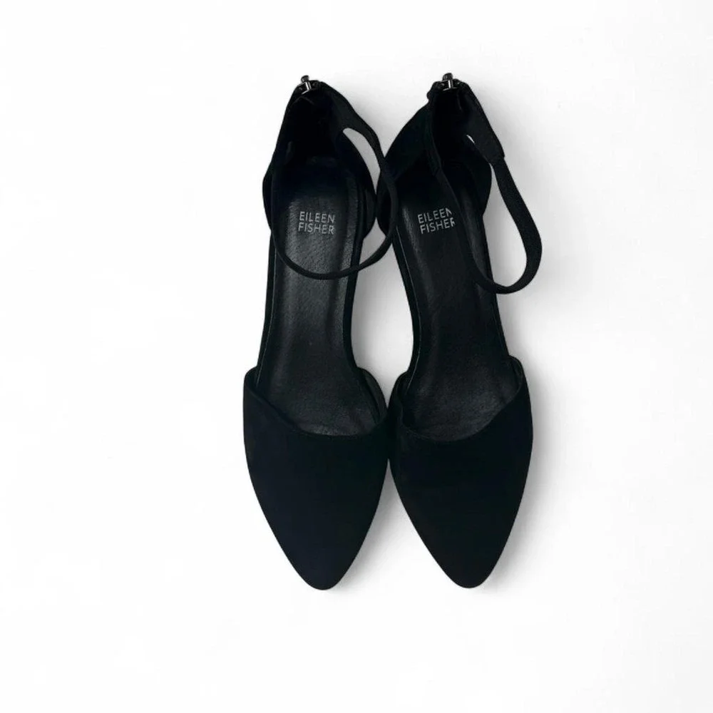 Eileen Fisher Black Suede d'Orsay Ankle Strap Heels Office siren Quiet Luxury
